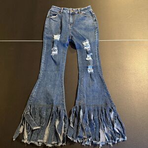 Holic Jeans Distressed Super Flare Fringe Boho Denim Pants Womens Size 24x27